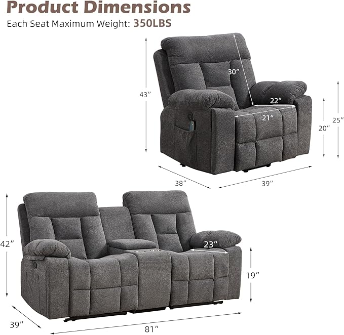 CANMOV Recliner Sofa Set Power Lift Recliner with Massage&ampHeat and Loveseat Set Reclining Sofa with Storage ConsoleHidden Cup Holders for Living Room Grey