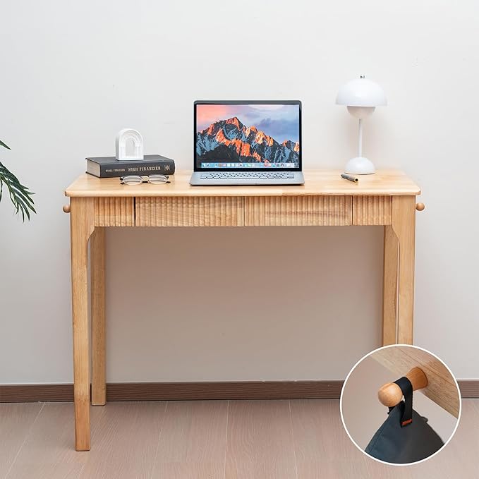 39.4'' Solid Wood Desk with Drawers Mid Century Modern Home Office Desk Vintage Wooden Writing Desk with Storage and Hooks Dark Wood Computer Table for Bedroom Study (Natural)