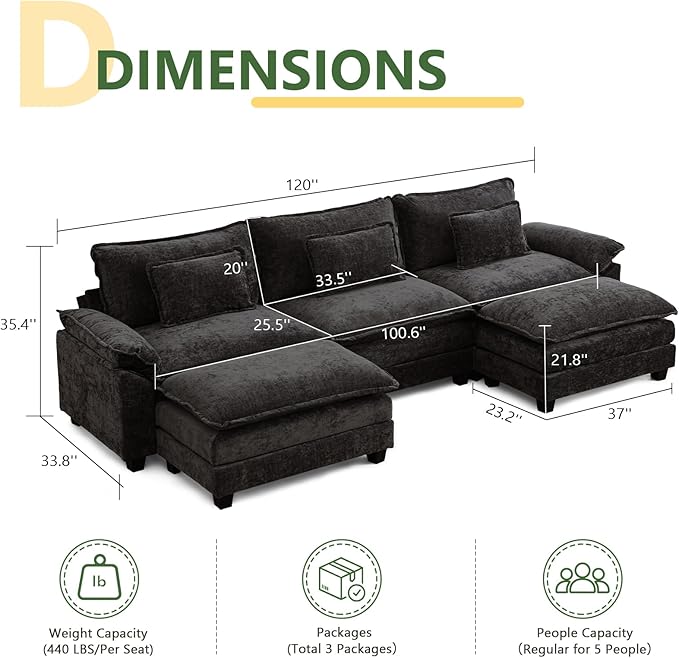 120 U Shaped Couch Modular Sectional Sofa Cloud Couch with Movable Ottoman Modern Chenille Deep Seat Sleeper Sofa with Throw Pillows for Living Room and Apartment (Black 5-Seat)