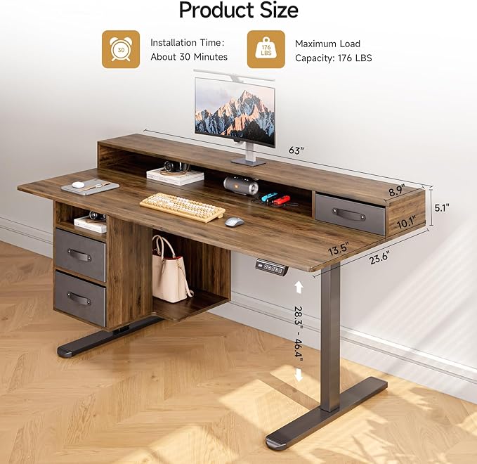 ONBRILL Standing Desk with Drawers 63x24 Inch Electric Stand Up Desk with 3 Drawers and Open Storage Shelf Adjustable Height 28-46 Inches for Home and Computer Workstation Walnut