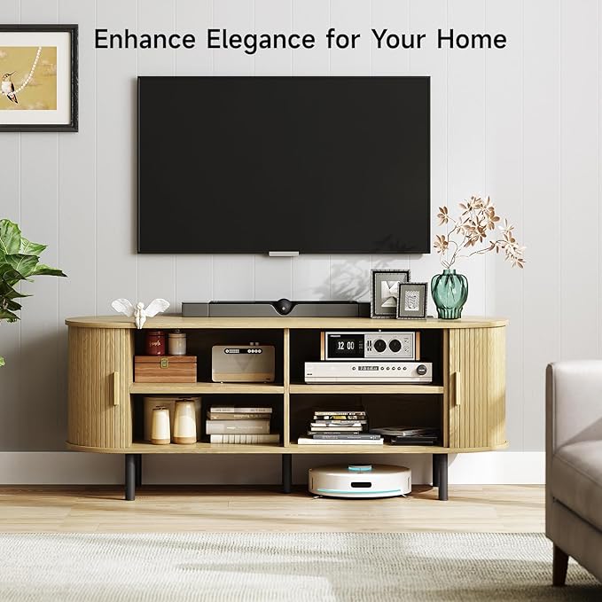 ONBRILL 63 TV Stand with Power Outlet for TVs up to 70 Inch Entertainment Center with Storage and Adjustable Shelves Modern Media Console with Sliding Doors for Living Room Oak
