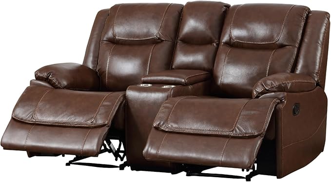 EBELLO Genuine Leather Manual Loveseat Recliner Reclining Sofa Chair with Cup Holder Hidden Storage Couch Set for Living Room Bedroom FurnitureMeeting Room Brown (Loveseat)
