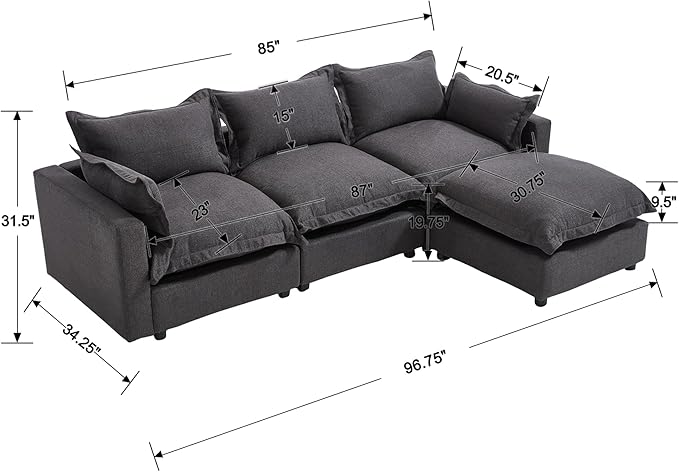 Modern Couch Modular Sectional Sofa 97 L-Shape Cloud Couch with Ottoman for Living Room Bedroom Reading Study Waitting Room Linen Fabric-Charcoal Dark Grey