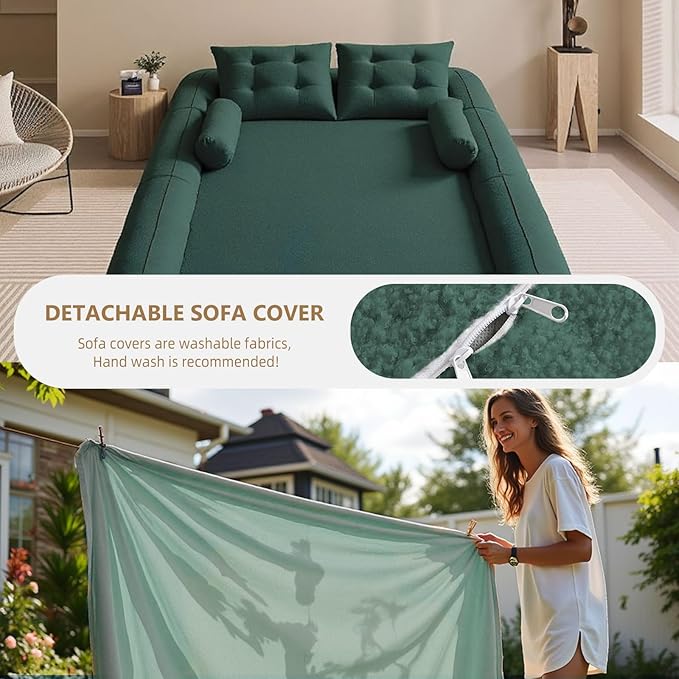 Folding Sofa Bed3-in-1DIY Convertible Sleeper SofaTeddy Velvet Couch with ArmrestFoldable Mattress with Back SupportFoldable Lazy Sofabed 78.7 Human Dog Bed for Living Room BedroomGreen