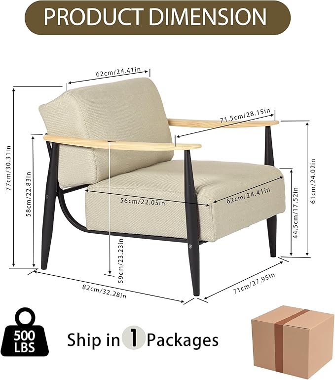 Homy Casa Set of 2 Upholstered Accent Chair with Solid Wood Armrests Heavy-Duty Metal Frame Lounge Chair with Pocket Spring Cushion 500 lbs Capacity for Living Room Reading Corner Bedroom(Oak2)