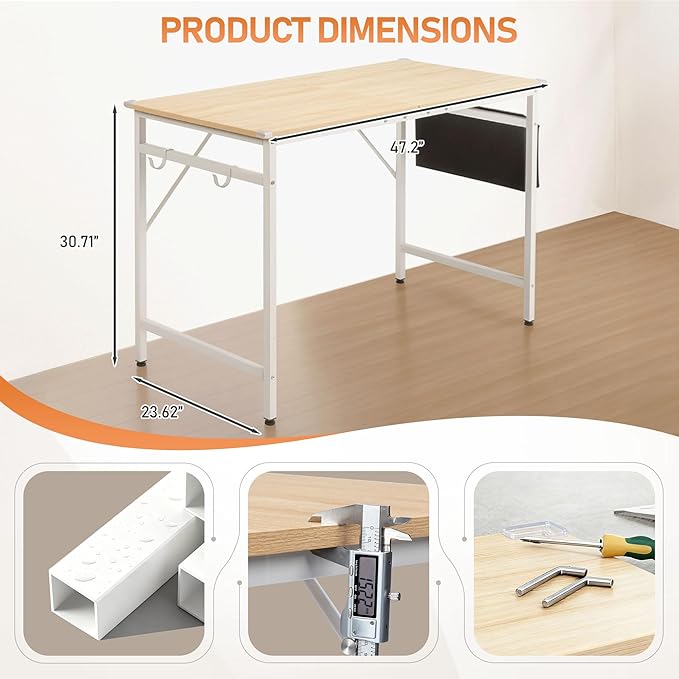 VINGLI 47 Inch Computer Office Modern Simple Gaming Desk with Side Fabric Drawer &amp Hook Up Wear-Resistant Surface Writing Desk Work Desk for Bedroom Living Room Oak