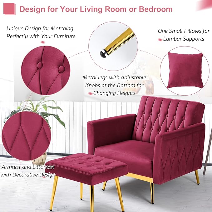 2 Pieces Velvet Futon Sofa Set with Adjustable Backrests and Armrests 70” Convertible Sofa Bed &amp Tufted Accent Chair with Ottoman for Living Room Fuchsia