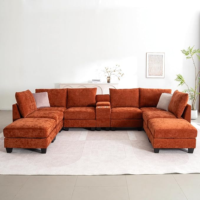 136.4 Modular Sectional Sofa U-Shaped 8 Seater Sectional Sofa with Storage Ottoman Linen L-Shaped Couch Large Cloud Couch with Cup Holders &amp USB for Living Room（Orange