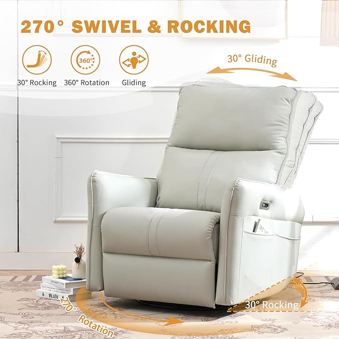 Power Swivel Rocker Recliner Chair for Nursery Upholstered 270° Swivel Glider Rocker Chair with USB Ports Small Power Recliners for Small Spaces Living Room (Light Grey)