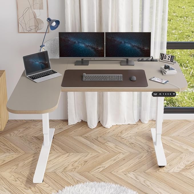 L-Shaped 59 Height Adjustable Electric Standing DeskHeight Stand Up Computer DeskSit and Stand Home Office Desk with Splice Board (Oak Top White Frame)