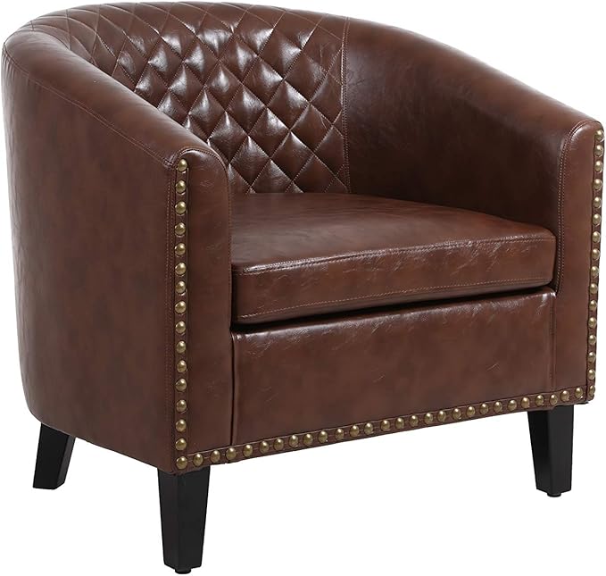 Accent Barrel Chair Living Room Chair with Nailheads and Solid Wood Legs Brown pu Leather
