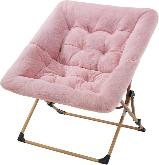 OAKHAM Comfy Chair for Adults Soft Faux Fur Folding Lounge for Bedroom Living Room Dorm Rooms Flexible Reading Chair for Teens Kids X-Large Foldable (Faux Fur-Pink)