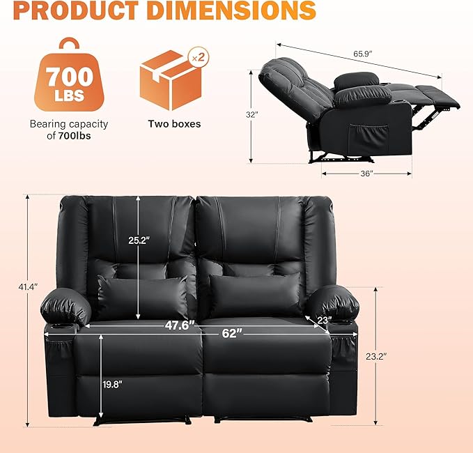 Black Leather Reclining Loveseat with Massage/Heat/Pillow/USB/Cup Holders Oversized Loveseat Recliner for Living Room Manual Reclining Sofa for Adults 700 Lbs Capacity (Black)