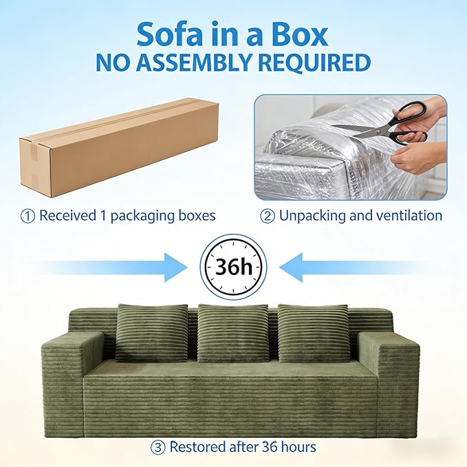 Boneless Couches for Living Room 71 Modern 3 Seater Sofa with Deep Seat Comfy Cloud Sofa with Corduroy Fabric No Assembly Couch Couches for Bedroom Dorm Apartment (Green)