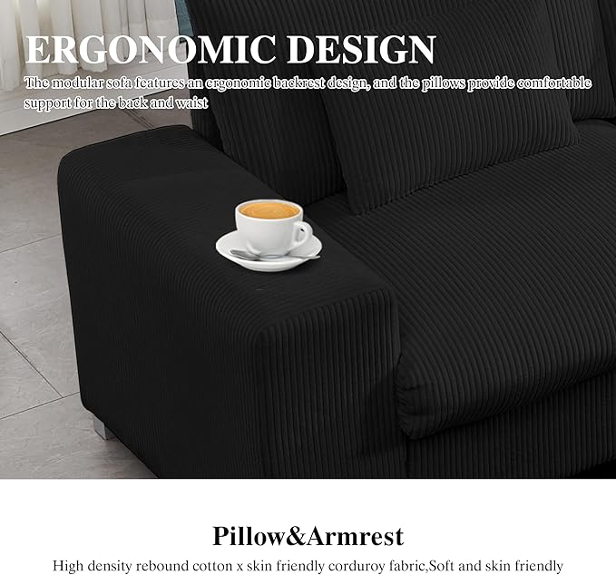 113 Inch Modular Sectional SofaModern l-Shaped Deep Seats Corduroy CouchSponge Couches with Chaise Lounge for Living Room Or Bedroom (Black)