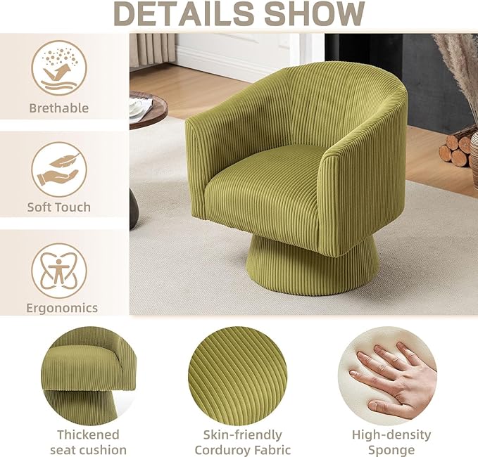 Swivel Accent Chair Modern 360° Barrel Chair Corduroy Upholstered Single Sofa for Living Room Bedroom(Green)