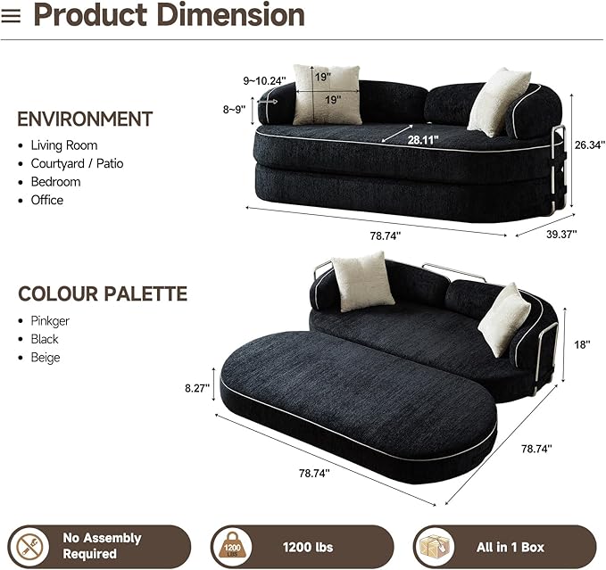 Convertible Sofa Bed with Fixed-Shape Frame 4-in-1 Combination Folding Pull Out Couch Futon Couch in a Box Modular Floor Sleeper Sofa Bed for Living Room Bedroom (2 Pillows Black) ﻿