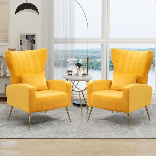 X-VOLSPORT Velvet Accent Chairs Set of 2 Mid Century Modern High Back Living Room Chair with Waist Pillow Upholstered Arm Chair with Metal Gold Legs for Bedroom Club Yellow