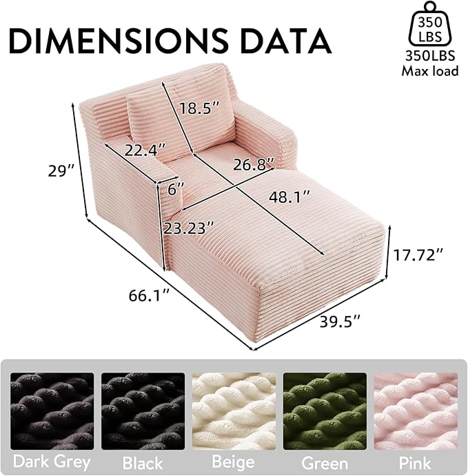 Chaise Lounge Chair Indoor Upholstered Corduroy Single Lounge Sofa Couch Comfy Reading Recliner Sleeper Sofa Chair Bed with Armrests and Pillows for Bedroom Living Room (Pink)