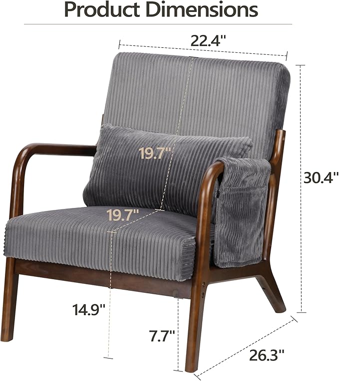 Mid-Century Modern Accent Chairs Upholstered Fabric Lounge Arm Chair with Storage Pocket Lumbar Cushion &amp Solid Wood Frame for Living Room Bedroom Balcony (Dark Gray)