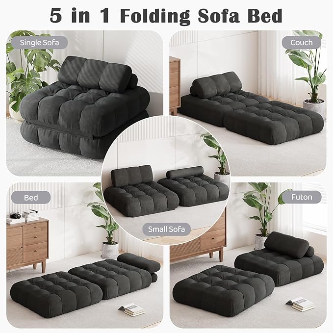 3-in-1 Folding Futon Sofa Bed 35.4 Convertible Sleeper Chair Bed with Pillow Portable Fold Out Boneless Couch Lounge Comfy Velvet Floor Mattress for Living Room Bedroom - Black Single