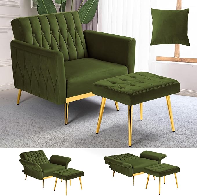 Velvet Accent Chair w/Adjustable Armrests and Backrest Button Tufted Lounge Chair Single Recliner Armchair with Ottoman and a Pillow for Living Room BedroomOlive Green