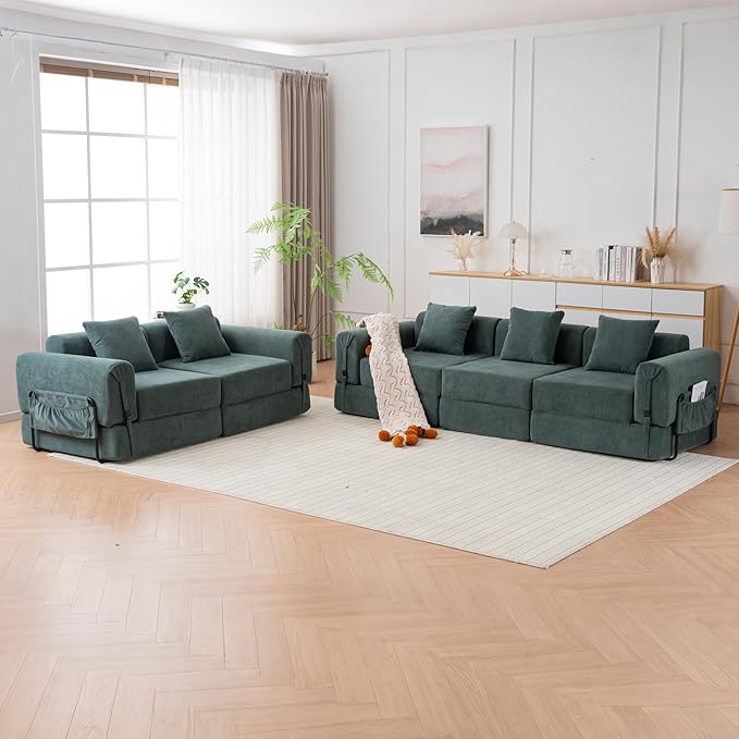 71'' Convertible Sofa Bed with Storage Pocket - Boneless Loveseat with Fixed-Shape Frame - Loveseat Sofa Bed with Pillow Support Folding Couch for Living Room Office Bedroom (Green)