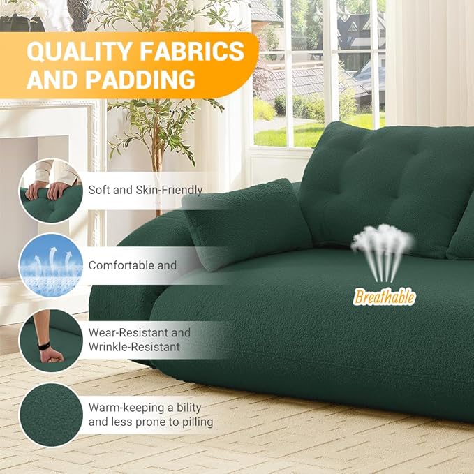 78.7 Folding Sofa Bed Queen Foldable Floor Futon Sofa Sleeper Convertible Boneless Mattress Loveseat Cloud Couch for Home Living Room Bedroom Lounge Apartment and Small Spaces Green Teddy