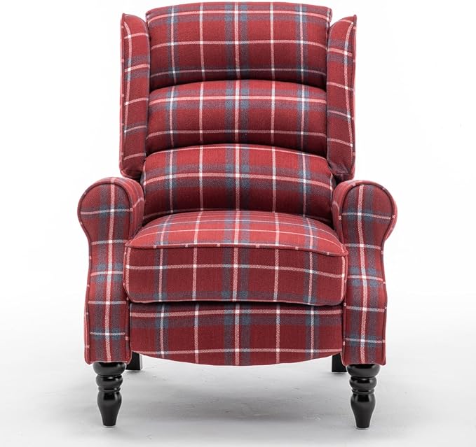 Upholstered Wingback Recliner Chair Plaid Recliner Chair Armchair Adjustable Footrest Push Back Reclining Sofa Mid-Century Modern Lounge Armchair for Living Room Bedroom Reading - Red