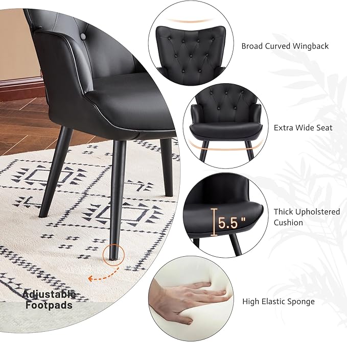 Furniliving PU Leather Accent Chair for Living Room Upholstered Reading Chair with High Backrest Tufted-Button Wingback Armchair for Bedroom Dressing Room Home Office Black