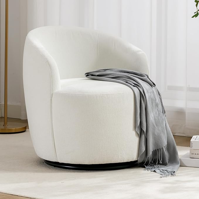 Swivel Accent Chair Recliner Modern Comfy Barrel Chairs for Living Room and Bedroom Cozy Upholstered Small Reading Chairs with 360-Degree RotationIvory