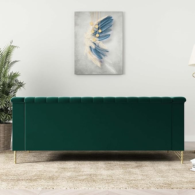 Tomkate Emerald Green Velvet Couch Sofa 83 Mid-Century Modern Tufted Chesterfield Sofa with Flared Arms and Removable Cushions Comfy 3 Seater Couch with Gold Metal Legs for Living Room (Green)