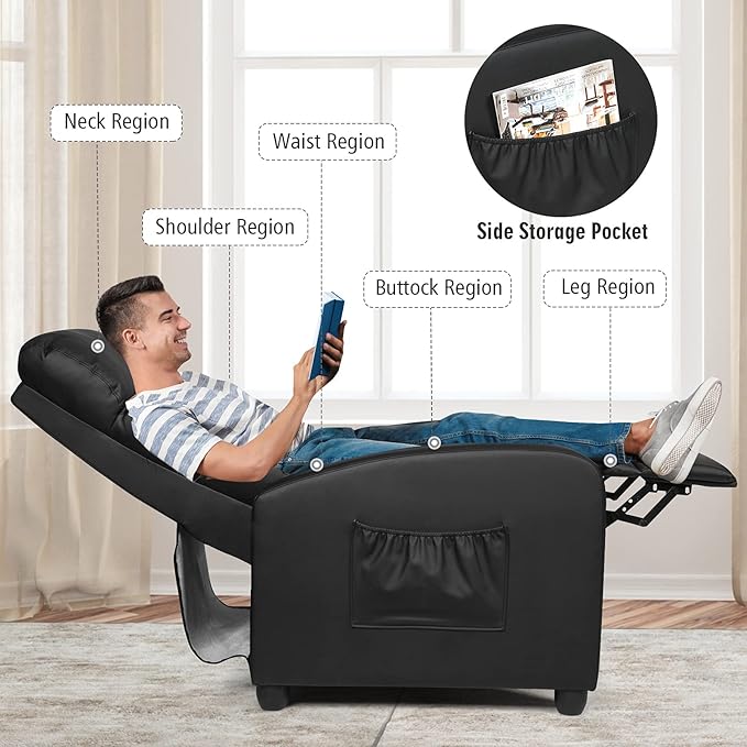 POWERSTONE Recliner Chair PU Leather Recliner with Massage Function Small Reclining Chair Single Sofa Chair Home Theater with Thicker Cushion Wing Back Reading Chair for Living Room Office (Black)