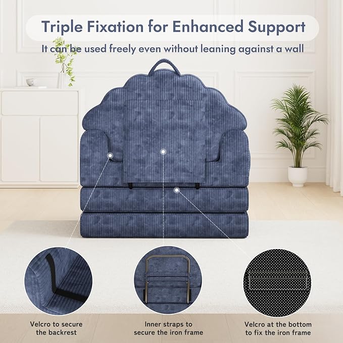 2-in-1 Folding Sofa Bed with Back Support 75 D x 34 W Convertible Futon Sleeper Chair for Adult Fold Out Bean Bag Floor Foam Lounger Couch for Living Room Bedroom Small Space Navy Blue