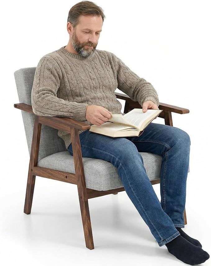 TARSHYRY Mid Modern Accent Chair Linen Upholstered Armchair with Rubber Wood Frame and Soft Cushion Comfortable Lounge Chair for Living Room Bedroom Balcony (Light Grey)