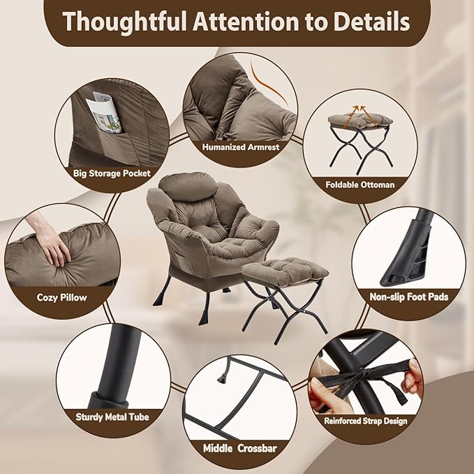 Lazy Chair with Folding Ottoman Accent Chair Velvet Upholstered with Metal Structure and Non-Slip Pads Sofa Armchair with Footrest and Side Storage Bag for Dorm Room Office Dark Gray