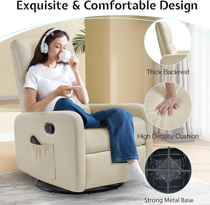 Jocisland Swivel Glider Rocking Recliner Chair for Adults Nursery Rocker Reclining Comfy Upholstered Single Sofa Armchair for Living Room Bedroom Nursing Leather Cream