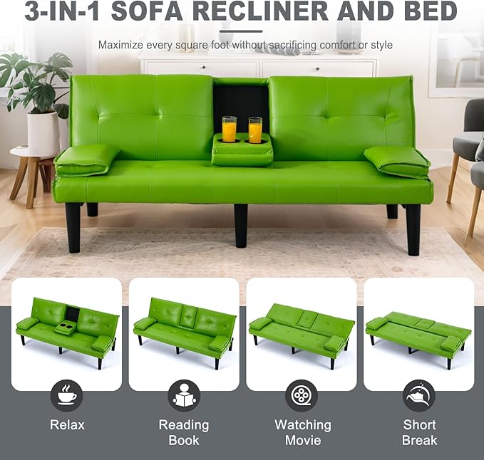 Futon Sofa Bed PU Leather Modern Convertible Futon Couch with Removable Armrests Cup Holders Loveseat Sleeper Sofa Bed for Living Room Apartment Small Spaces (Green)