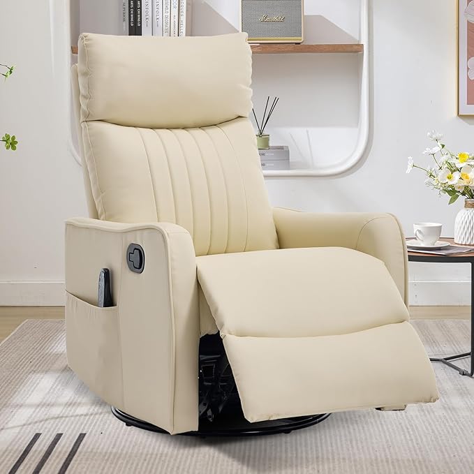 Swivel Rocker Recliner Chair 360° Swivel Recliner with Heat and Massage Rocker Recliner Upholstered Fabric Nursery Glider Recliner Chair with Side Pockets for Living Room PU Light Yellow