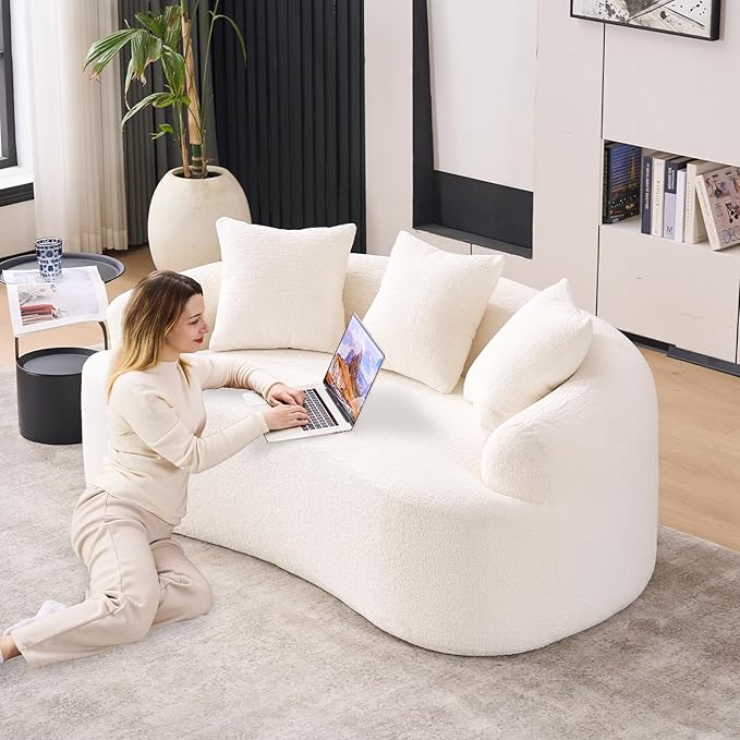 65 Curved Loveseat for Small SpacesBoneless Loveseat SofaWood Grain Chenille Fabric No Installation Requirement Curved Sofa Couch for ApartmentLiving RoomOffice (White 65)