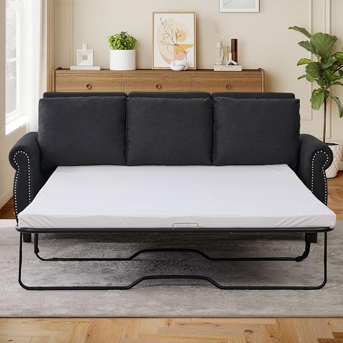 Queen Size Pull Out Sofa Bed 3 in 1 Linen Convertible 3-Seater Sleeper Sofa Bed with Memory Form Mattress Pull Out Couch with Nailhead Trim &amp Roll Arms for Living Room Bedroom Small Space(Grey
