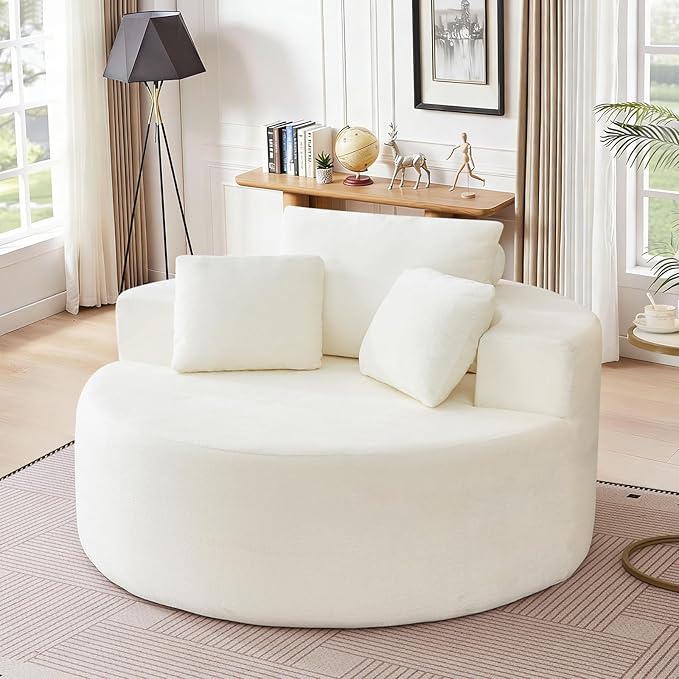 Modern Round Accent Sofa Chair for Living Room Upholstered Soft Terrycloth Barrel Lounge Arm Chair with Large seat&ampThrow Pillows for Bedroom Office Apartment Beige