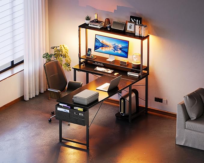 ODK 61 Inch L Shaped Desk with LED Lighting Reversible Gaming Desk with Power Outlets Cornor Computer Table with Storage Shelves &amp Bag &amp Iron Hook Home Office Table for Writing Study Blac