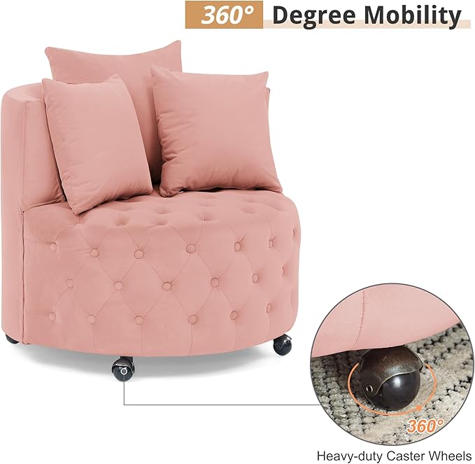GNIXUU Swivel Barrel Accent Chair 30” Modern Velvet Round Sofa Chair with 3 Pillows and Wheels Comfy Tufted Club Lounge Chair for Living Room Bedroom(Pink).