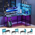 HLDIRECT L Shaped Gaming Desk with LED Light &amp Storage Shelves 67 Inch Reversible Computer Table with Power Outlet Corner Game Desk with Hutch &amp Monitor Stand Home Office Black
