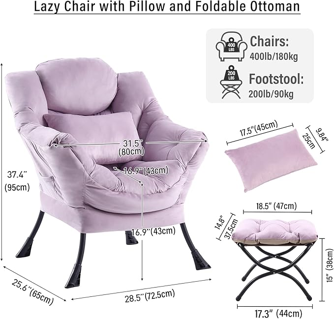 Lazy Chair with Ottoman Modern Accent Chair with Lumbar Pillow Velvet Light Purple Sofa Armchairs with Folding Footrest Oversized Supportive Chairs for Bedroom Reading