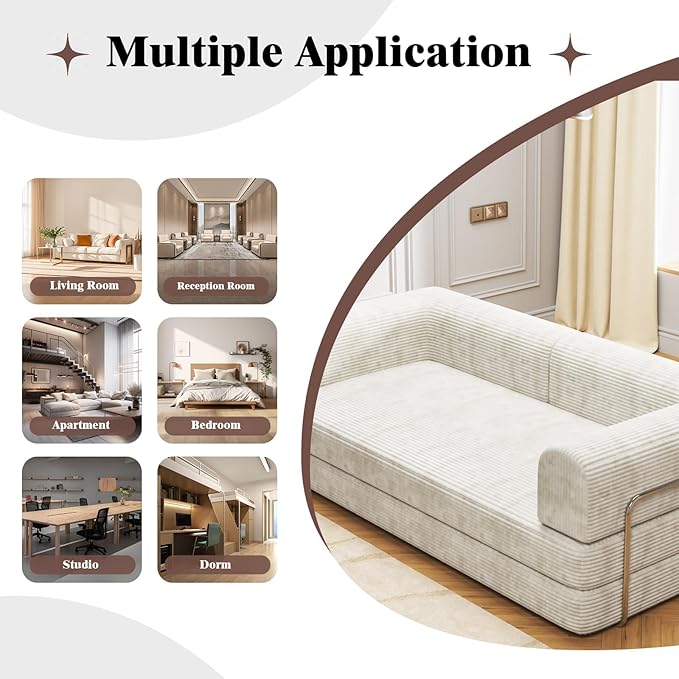 Convertible Corduroy Sleeper Sofa BedFolding Mattress Couch with Fixed-Shape Frame 3 Seater Fold Out King Size FutonNo Assembly Floor Couch for Living Room Dorm Studio 78.7*39.4*29.6 Inch Beige
