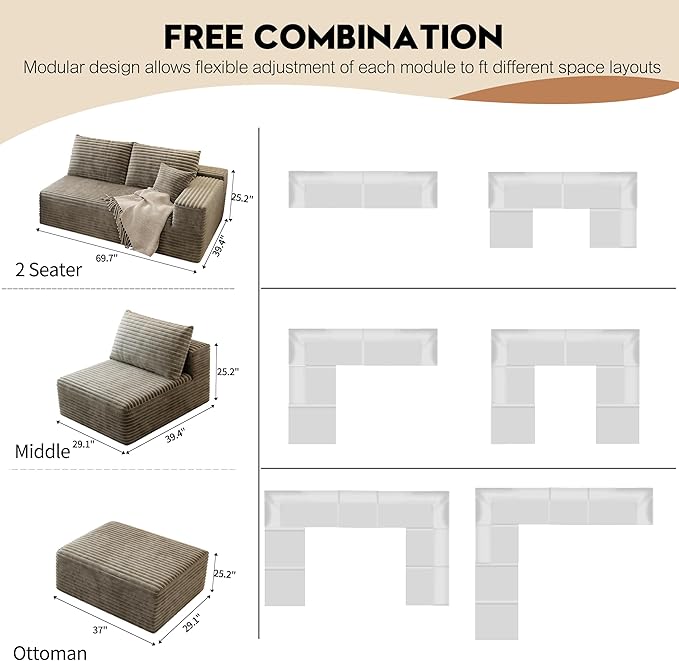 168.5 U Shaped Cloud Sectional Sofa for Living Room Plush Corduroy Cover Fluffy Memory Foam Cushions No Assembly Required Modular Chaise Lounge Oversized Comfortable Couches Set Camel