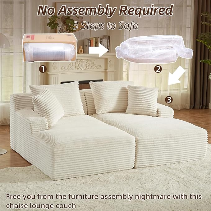Oversized Double Chaise Lounge Chair IndoorWide Corduroy Boneless Chaise Lounges Sofa Comfy Upholstered Sectional Cloud Couch No Assembly Required Loveseat Sleeper Chair Bed for Living Room (White)