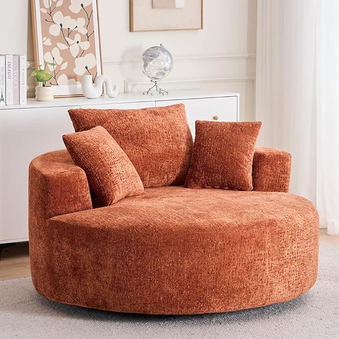55 Oversized Swivel Accent Chair Round Barrel Chair with 360° Rotation Chenille Upholstered Deep Seat Lounge Sofa Modern Comfy Single Sofa for Living Room Bedroom Office (Orange)